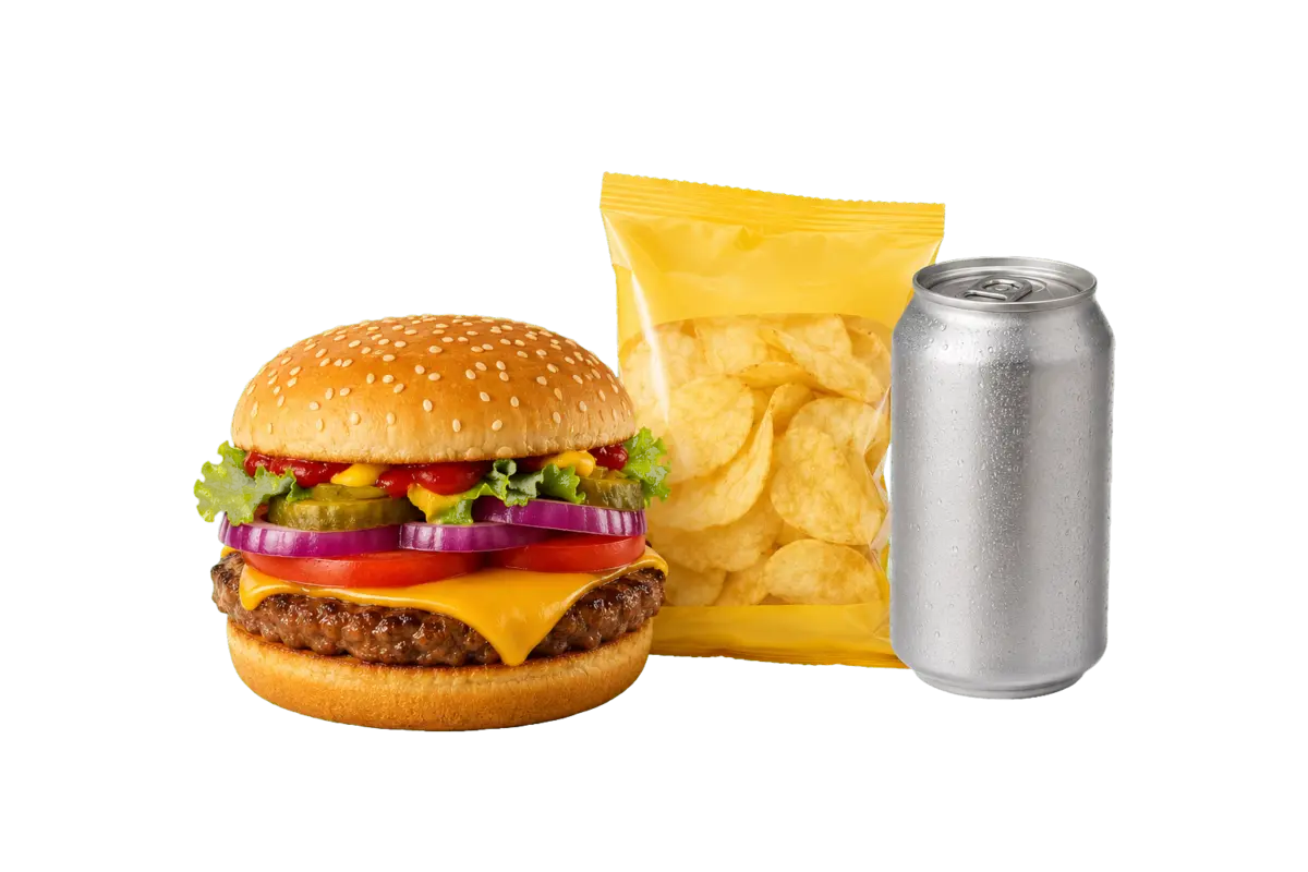 Burger Combo with chips and a can drink